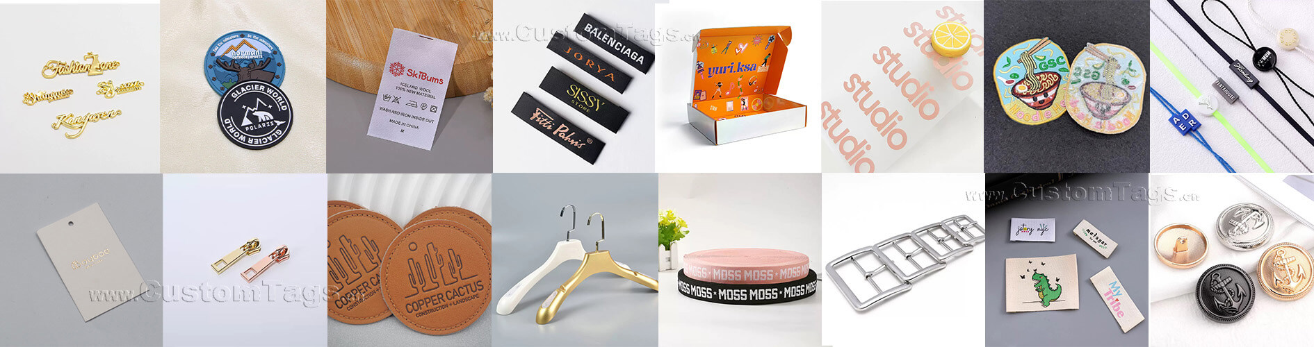 Comprehensive collection of custom garment accessories and trims including woven labels, hang tags, buttons, and zippers.